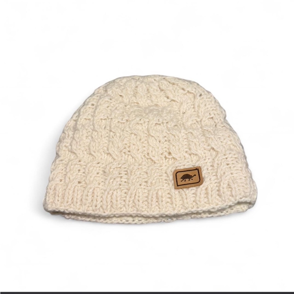 Turtle Fur Ivory Cable Knit Beanie with Leather Patch